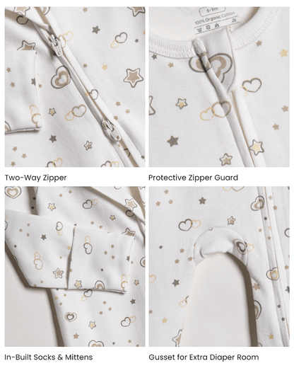 Twingle 100% Organic Cotton Sleepsuit-Zip Guard to Protect Baby's Chin & Neck-Two Way Zipper for Easy Diaper Change-Inbuilt Booties & Mittens-Hearts & Stars Print-White-For Infants