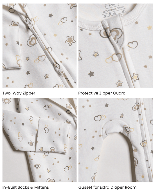 Twingle 100% Organic Cotton Sleepsuit-Zip Guard to Protect Baby's Chin & Neck-Two Way Zipper for Easy Diaper Change-Inbuilt Booties & Mittens-Hearts & Stars Print-White-For Infants