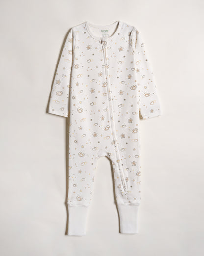 Twingle 100% Organic Cotton Baby Zipsuit-Sleepsuit-Two Way Zipper-Inbuilt Booties & Mittens-White-Hearts & Stars Print-For Infants