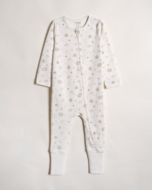 Twingle 100% Organic Cotton Baby Zipsuit-Sleepsuit-Two Way Zipper-Inbuilt Booties & Mittens-White-Hearts & Stars Print-For Infants