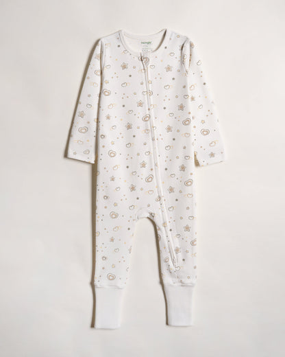 Twingle 100% Organic Cotton Sleepsuit-Zip Guard to Protect Baby's Chin & Neck-Two Way Zipper for Easy Diaper Change-Inbuilt Booties & Mittens-Hearts & Stars Print-Beige-Pack of 2-For Infants
