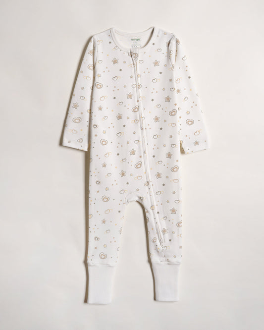Twingle 100% Organic Cotton Sleepsuit-Zip Guard to Protect Baby's Chin & Neck-Two Way Zipper for Easy Diaper Change-Inbuilt Booties & Mittens-Hearts & Stars Print-Beige-Pack of 2-For Infants