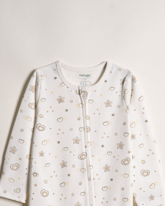 Twingle 100% Organic Cotton Baby Zipsuit-Sleepsuit-Two Way Zipper-Inbuilt Booties & Mittens-White-Hearts & Stars Print-For Infants