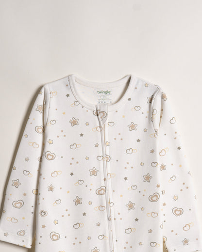 Twingle 100% Organic Cotton Sleepsuit-Zip Guard to Protect Baby's Chin & Neck-Two Way Zipper for Easy Diaper Change-Inbuilt Booties & Mittens-Hearts & Stars Print-Beige-Pack of 2-For Infants