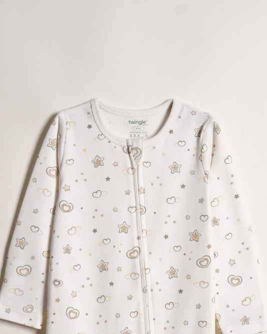 Twingle 100% Organic Cotton Sleepsuit-Zip Guard to Protect Baby's Chin & Neck-Two Way Zipper for Easy Diaper Change-Inbuilt Booties & Mittens-Hearts & Stars Print-Beige-Pack of 2-For Infants