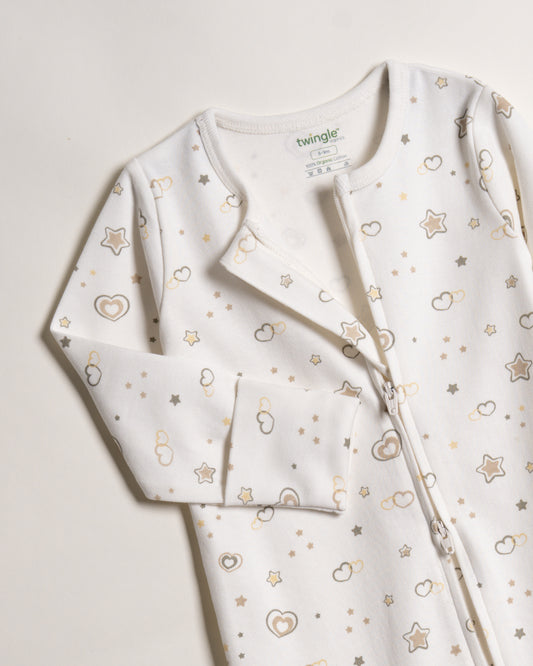 Twingle 100% Organic Cotton Baby Zipsuit-Sleepsuit-Two Way Zipper-Inbuilt Booties & Mittens-White-Hearts & Stars Print-For Infants