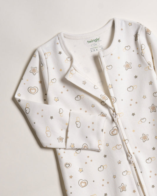 Twingle 100% Organic Cotton Sleepsuit-Zip Guard to Protect Baby's Chin & Neck-Two Way Zipper for Easy Diaper Change-Inbuilt Booties & Mittens-Hearts & Stars Print-Beige-Pack of 2-For Infants