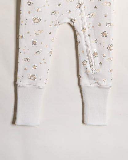 Twingle 100% Organic Cotton Baby Zipsuit-Sleepsuit-Two Way Zipper-Inbuilt Booties & Mittens-White-Hearts & Stars Print-For Infants