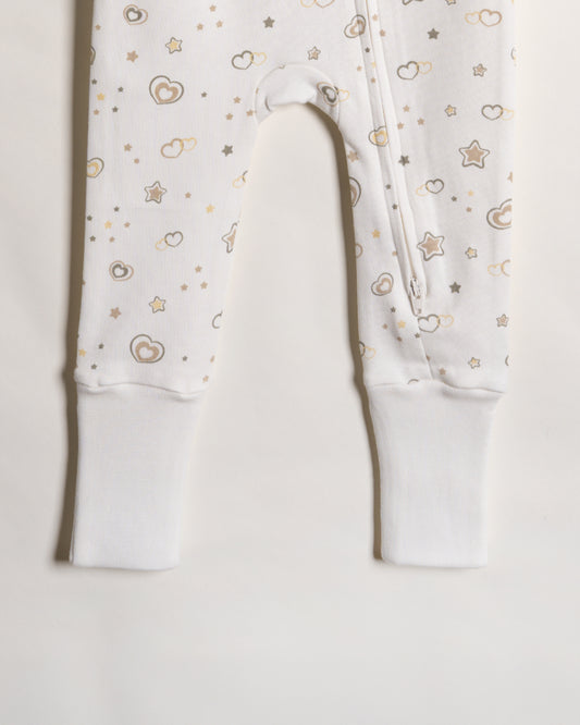Twingle 100% Organic Cotton Baby Zipsuit-Sleepsuit-Two Way Zipper-Inbuilt Booties & Mittens-White-Hearts & Stars Print-For Infants