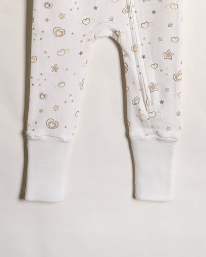 Twingle 100% Organic Cotton Sleepsuit-Zip Guard to Protect Baby's Chin & Neck-Two Way Zipper for Easy Diaper Change-Inbuilt Booties & Mittens-Hearts & Stars Print-Beige-Pack of 2-For Infants