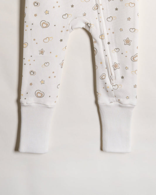 Twingle 100% Organic Cotton Sleepsuit-Zip Guard to Protect Baby's Chin & Neck-Two Way Zipper for Easy Diaper Change-Inbuilt Booties & Mittens-Hearts & Stars Print-Beige-Pack of 2-For Infants