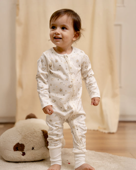 Twingle 100% Organic Cotton Baby Zipsuit-Sleepsuit-Two Way Zipper-Inbuilt Booties & Mittens-White-Hearts & Stars Print-For Infants