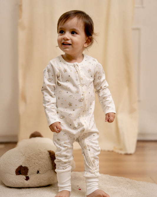 Twingle 100% Organic Cotton Sleepsuit-Zip Guard to Protect Baby's Chin & Neck-Two Way Zipper for Easy Diaper Change-Inbuilt Booties & Mittens-Hearts & Stars Print-Beige-Pack of 2-For Infants