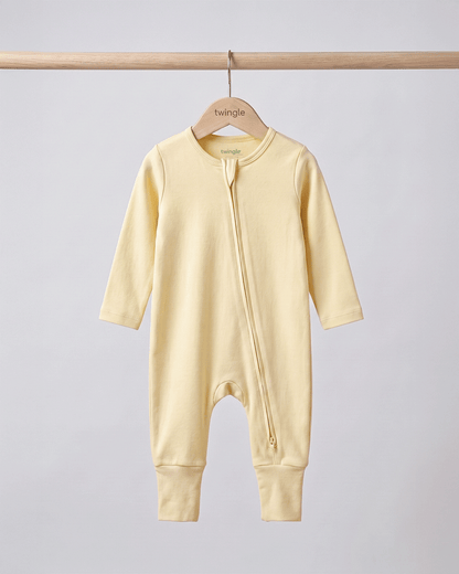 Twingle 100% Organic Cotton Sleepsuit-Zip Guard to Protect Baby's Chin & Neck-Two Way Zipper for Easy Diaper Change-Inbuilt Booties & Mittens-Solid-Yellow-For Infants