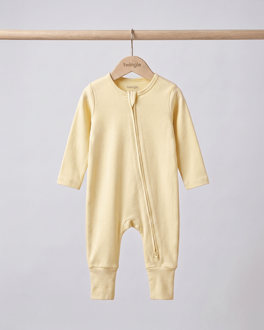 Twingle 100% Organic Cotton Sleepsuit-Zip Guard to Protect Baby's Chin & Neck-Two Way Zipper for Easy Diaper Change-Inbuilt Booties & Mittens-Solid-Yellow-For Infants