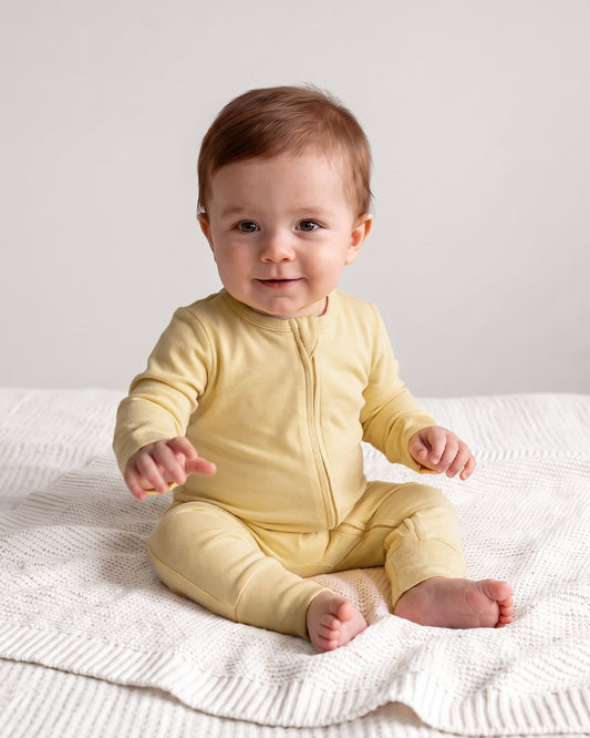 Twingle 100% Organic Cotton Sleepsuit-Zip Guard to Protect Baby's Chin & Neck-Two Way Zipper for Easy Diaper Change-Inbuilt Booties & Mittens-Solid-Yellow-For Infants