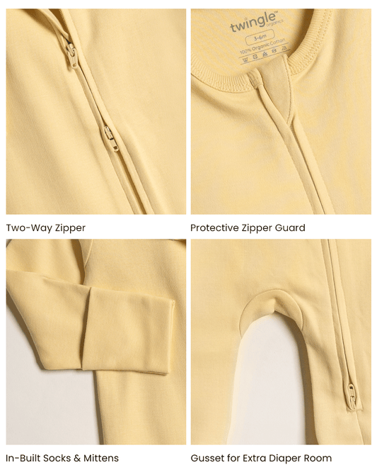 Twingle 100% Organic Cotton Sleepsuit-Zip Guard to Protect Baby's Chin & Neck-Two Way Zipper for Easy Diaper Change-Inbuilt Booties & Mittens-Solid-Yellow-For Infants
