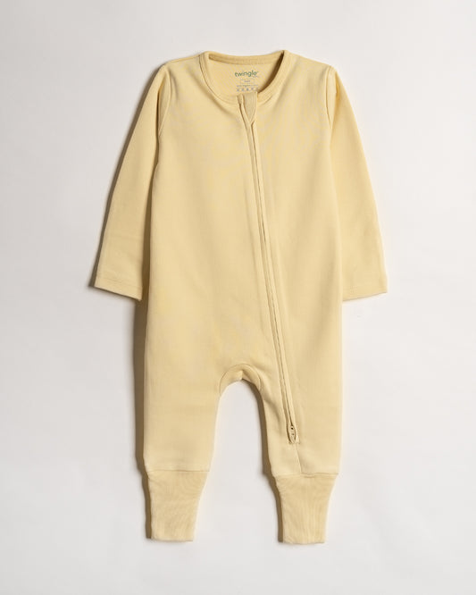 Twingle 100% Organic Cotton Baby Zipsuit-Sleepsuit-Two Way Zipper-Inbuilt Booties & Mittens-Yellow-Solid-For Infants