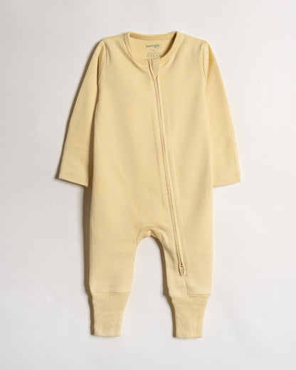 Twingle 100% Organic Cotton Sleepsuits-Zip Guard to Protect Baby's Chin & Neck-Two Way Zipper for Easy Diaper Change-Inbuilt Booties & Mittens-Long Sleeves-Solid-Sage Green & Yellow-Pack of 2-For Infants
