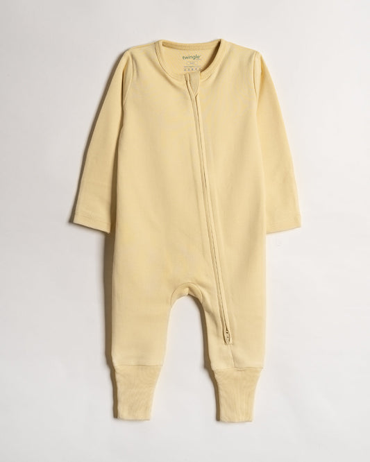 Twingle 100% Organic Cotton Baby Zipsuits-Sleepsuits-Two Way Zipper-Inbuilt Booties & Mittens-Sage Green & Yellow-Solid-Pack of 2-For Infants