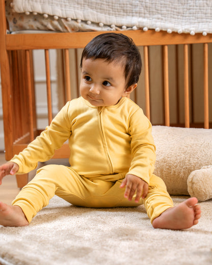 Twingle 100% Organic Cotton Sleepsuits-Zip Guard to Protect Baby's Chin & Neck-Two Way Zipper for Easy Diaper Change-Inbuilt Booties & Mittens-Long Sleeves-Solid-Sage Green & Yellow-Pack of 2-For Infants