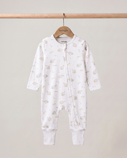 Twingle 100% Organic Cotton Sleepsuit-Zip Guard to Protect Baby's Chin & Neck-Two Way Zipper for Easy Diaper Change-Inbuilt Booties & Mittens-Elephant Print-White-For Infants