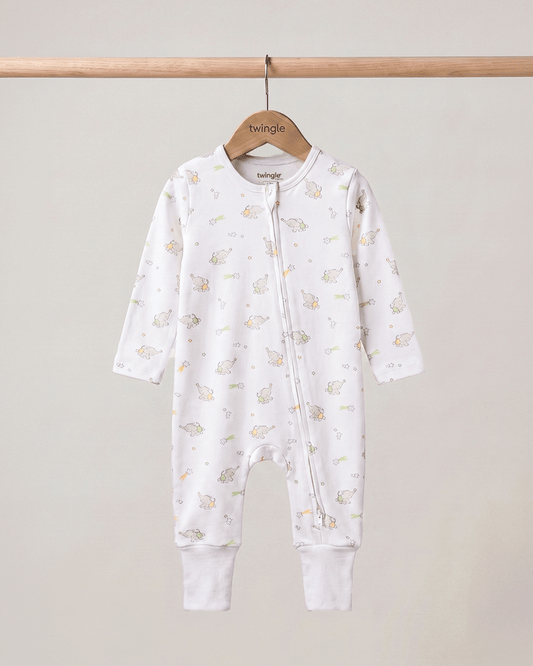 Twingle 100% Organic Cotton Sleepsuit-Zip Guard to Protect Baby's Chin & Neck-Two Way Zipper for Easy Diaper Change-Inbuilt Booties & Mittens-Elephant Print-White-For Infants