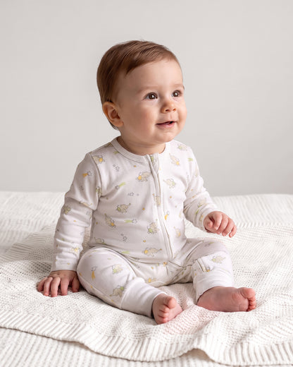 Twingle 100% Organic Cotton Sleepsuit-Zip Guard to Protect Baby's Chin & Neck-Two Way Zipper for Easy Diaper Change-Inbuilt Booties & Mittens-Elephant Print-White-For Infants