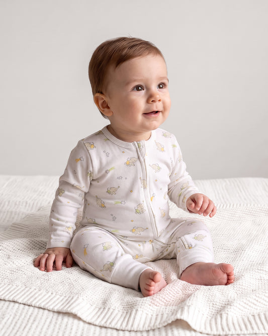 Twingle 100% Organic Cotton Sleepsuit-Zip Guard to Protect Baby's Chin & Neck-Two Way Zipper for Easy Diaper Change-Inbuilt Booties & Mittens-Elephant Print-White-For Infants