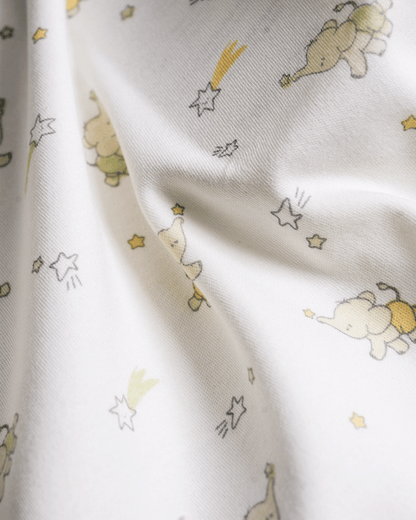 Twingle 100% Organic Cotton Sleepsuit-Zip Guard to Protect Baby's Chin & Neck-Two Way Zipper for Easy Diaper Change-Inbuilt Booties & Mittens-Elephant Print-White-For Infants