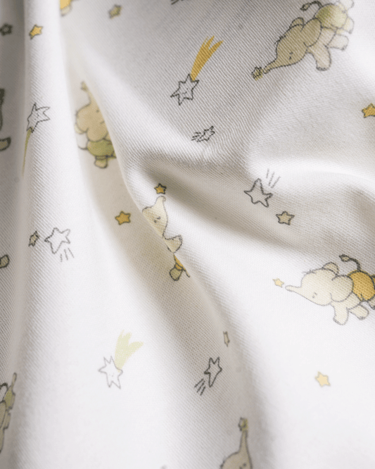 Twingle 100% Organic Cotton Sleepsuit-Zip Guard to Protect Baby's Chin & Neck-Two Way Zipper for Easy Diaper Change-Inbuilt Booties & Mittens-Elephant Print-White-For Infants
