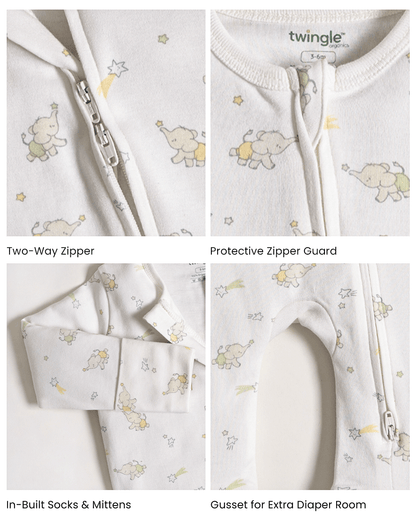 Twingle 100% Organic Cotton Sleepsuit-Zip Guard to Protect Baby's Chin & Neck-Two Way Zipper for Easy Diaper Change-Inbuilt Booties & Mittens-Elephant Print-White-For Infants
