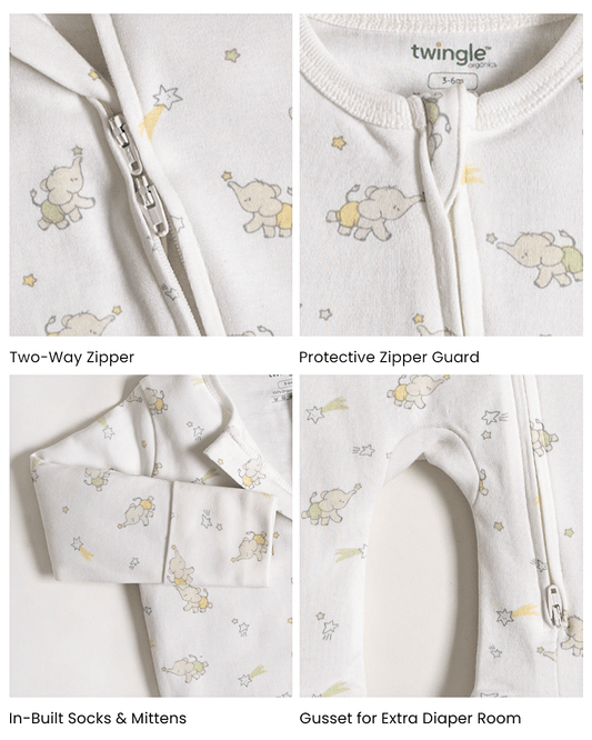 Twingle 100% Organic Cotton Sleepsuit-Zip Guard to Protect Baby's Chin & Neck-Two Way Zipper for Easy Diaper Change-Inbuilt Booties & Mittens-Elephant Print-White-For Infants