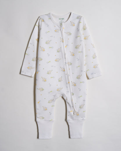 Twingle 100% Organic Cotton Baby Zipsuit-Sleepsuit-Two Way Zipper-Inbuilt Booties & Mittens-White-Elephant Print-For Infants