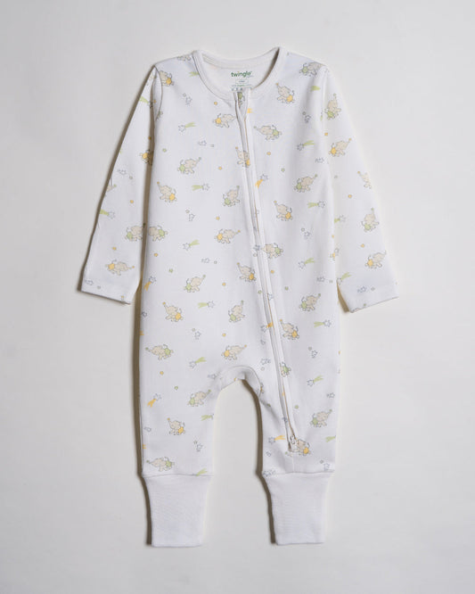 Twingle 100% Organic Cotton Baby Zipsuits-Sleepsuits-Two Way Zipper-Inbuilt Booties & Mittens-White-Elephant & Dino Print-Pack of 2-For Infants