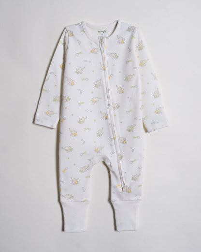 Twingle 100% Organic Cotton Sleepsuit-Zip Guard to Protect Baby's Chin & Neck-Two Way Zipper for Easy Diaper Change-Inbuilt Booties & Mittens-Elephant Print-Sage Green-Pack of 2-For Infants
