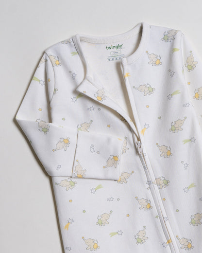 Twingle 100% Organic Cotton Sleepsuit-Zip Guard to Protect Baby's Chin & Neck-Two Way Zipper for Easy Diaper Change-Inbuilt Booties & Mittens-Elephant & Dino Print-White-For Infants