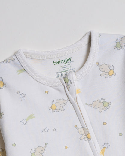 Twingle 100% Organic Cotton Baby Zipsuit-Sleepsuit-Two Way Zipper-Inbuilt Booties & Mittens-White-Elephant Print-For Infants