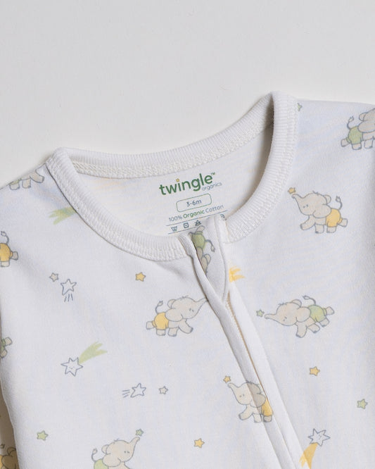 Twingle 100% Organic Cotton Baby Zipsuit-Sleepsuit-Two Way Zipper-Inbuilt Booties & Mittens-White-Elephant Print-For Infants