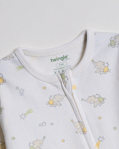 Twingle 100% Organic Cotton Sleepsuit-Zip Guard to Protect Baby's Chin & Neck-Two Way Zipper for Easy Diaper Change-Inbuilt Booties & Mittens-Elephant & Dino Print-White-For Infants
