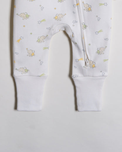 Twingle 100% Organic Cotton Baby Zipsuit-Sleepsuit-Two Way Zipper-Inbuilt Booties & Mittens-White-Elephant Print-For Infants