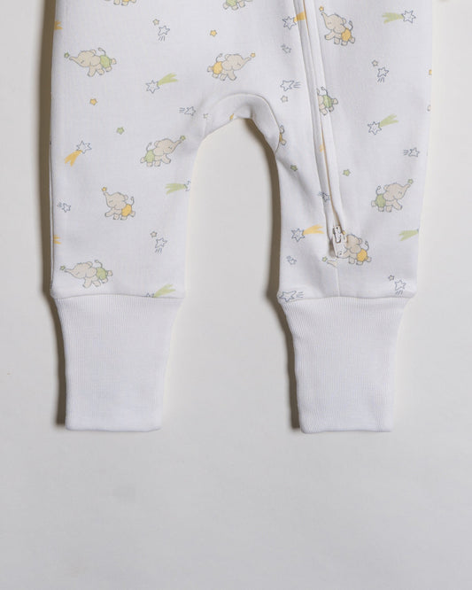 Twingle 100% Organic Cotton Baby Zipsuits-Sleepsuits-Two Way Zipper-Inbuilt Booties & Mittens-White-Elephant & Dino Print-Pack of 2-For Infants