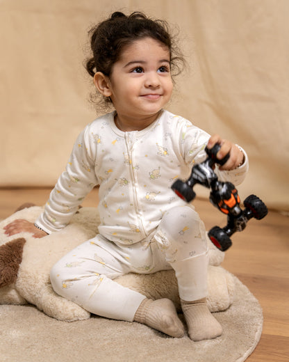 Twingle 100% Organic Cotton Sleepsuit-Zip Guard to Protect Baby's Chin & Neck-Two Way Zipper for Easy Diaper Change-Inbuilt Booties & Mittens-Elephant & Dino Print-White-For Infants