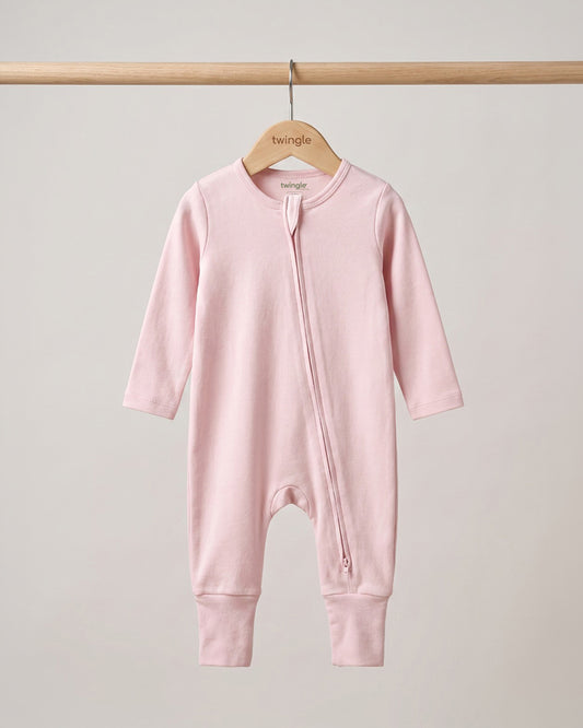 Twingle 100% Organic Cotton Sleepsuit-Zip Guard to Protect Baby's Chin & Neck-Two Way Zipper for Easy Diaper Change-Inbuilt Booties & Mittens-Solid-Pastel Pink-For Infants