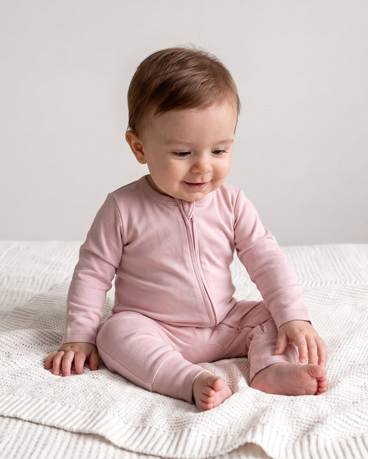 Twingle 100% Organic Cotton Sleepsuit-Zip Guard to Protect Baby's Chin & Neck-Two Way Zipper for Easy Diaper Change-Inbuilt Booties & Mittens-Solid-Pastel Pink-For Infants