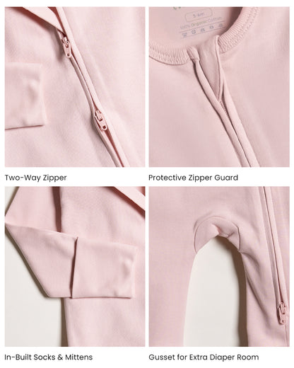 Twingle 100% Organic Cotton Sleepsuit-Zip Guard to Protect Baby's Chin & Neck-Two Way Zipper for Easy Diaper Change-Inbuilt Booties & Mittens-Solid-Pastel Pink-For Infants