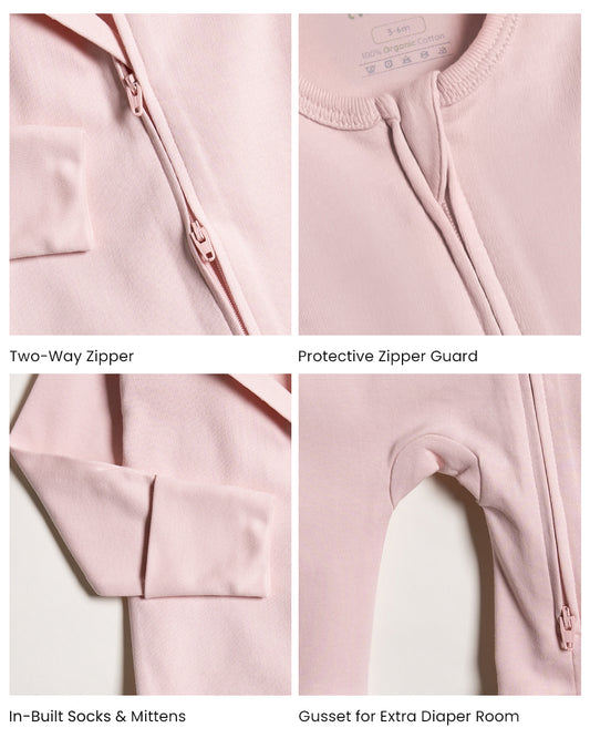 Twingle 100% Organic Cotton Sleepsuit-Zip Guard to Protect Baby's Chin & Neck-Two Way Zipper for Easy Diaper Change-Inbuilt Booties & Mittens-Solid-Pastel Pink-For Infants