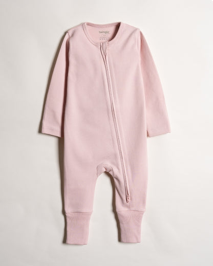 Twingle 100% Organic Cotton Baby Zipsuit-Sleepsuit-Two Way Zipper-Inbuilt Booties & Mittens-Pastel Pink-Solid-For Infants