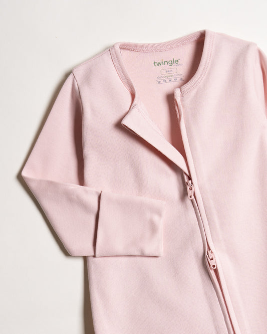 Twingle 100% Organic Cotton Baby Zipsuit-Sleepsuit-Two Way Zipper-Inbuilt Booties & Mittens-Pastel Pink-Solid-For Infants