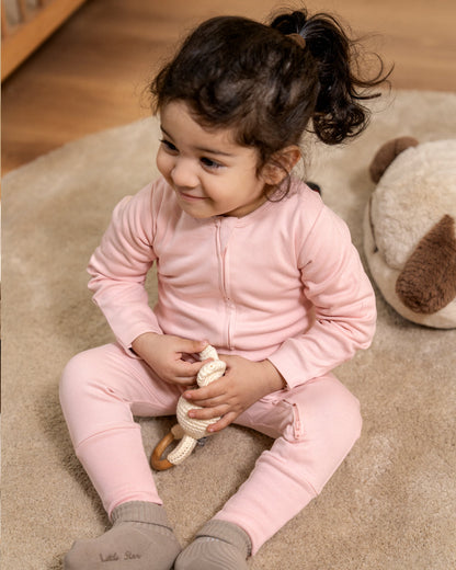 Twingle 100% Organic Cotton Baby Zipsuits-Sleepsuits-Two Way Zipper-Inbuilt Booties & Mittens-Beige & Pastel Pink-Solid-Pack of 2-For Infants